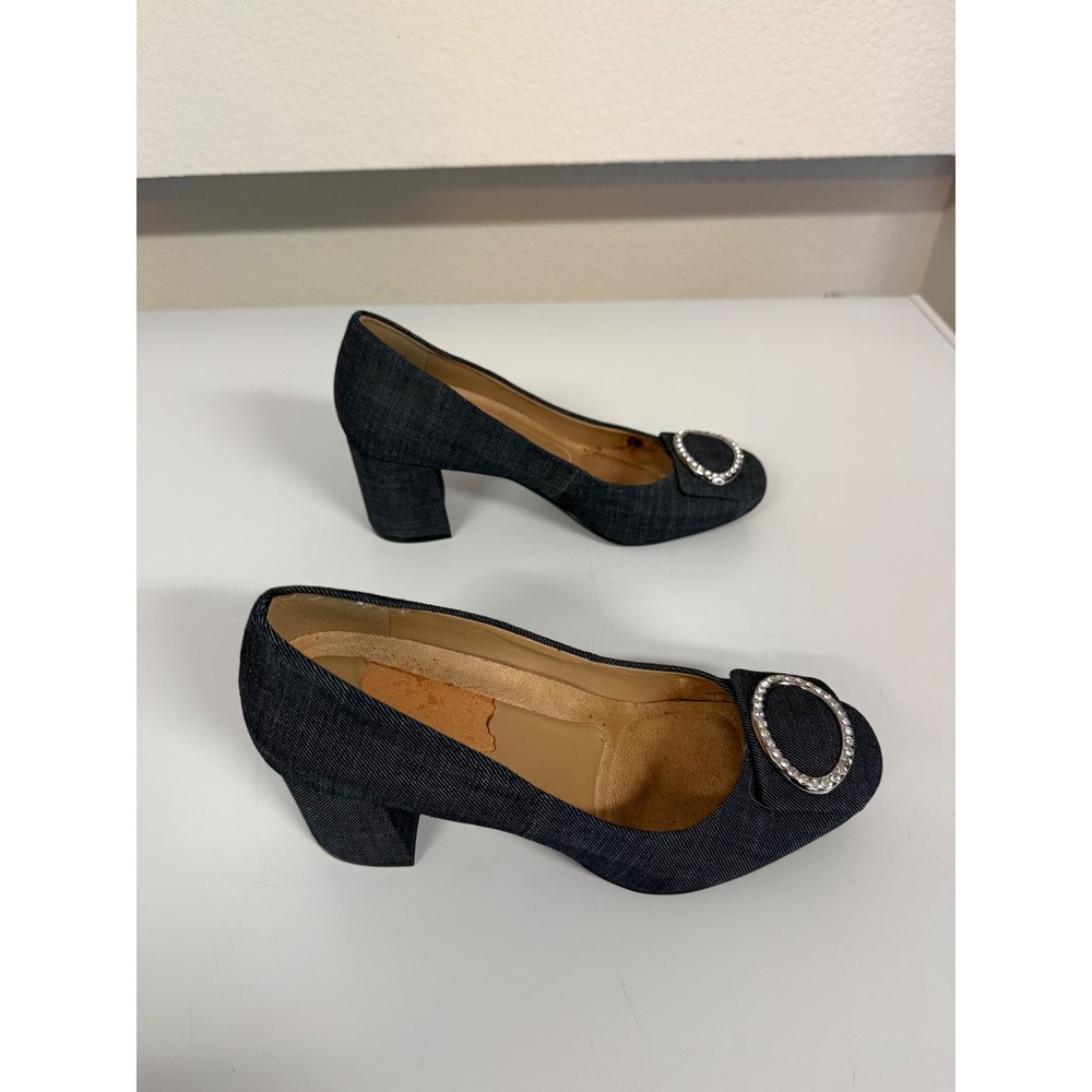 Naturalizer Wright Denim Block Heel Pumps Rhinestone Buckle Dark Wash Blue 7M